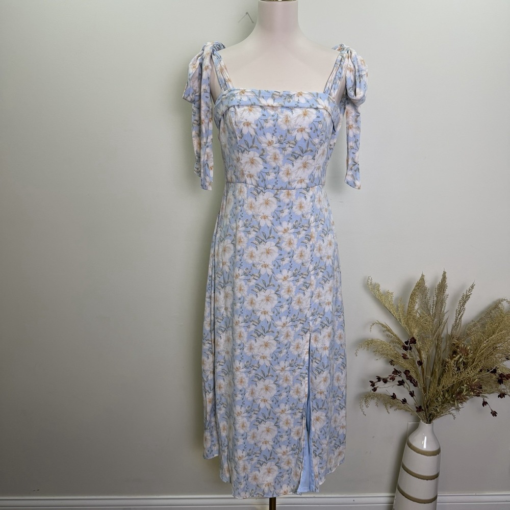 Trixxi Size Medium Light Blue Floral Tie-Strap Midi Dress with Slit Cottagecore